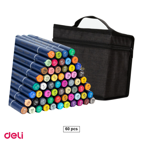 Handmade Creativ si Hobby - Set 60 markere pentru schite Deli, varf dublu rotund si tesit, in husa textila
