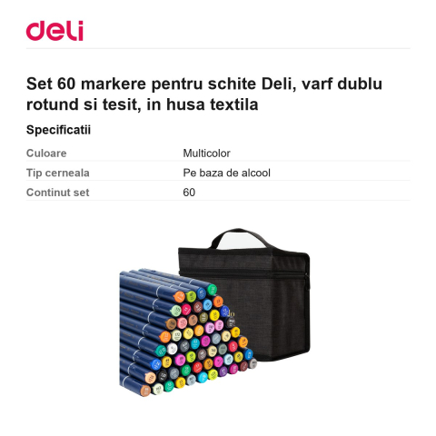 Set 60 markere pentru schite Deli, varf dublu rotund si tesit, in husa textila [2]