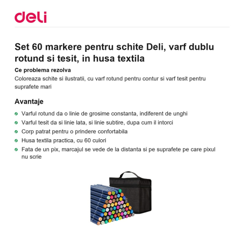 Set 60 markere pentru schite Deli, varf dublu rotund si tesit, in husa textila [1]