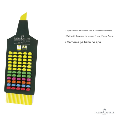 Set 60 textmarkere Faber-Castell 1548, varf tesit, 6 culori intense asortate, cerneala pe baza de apa, display carton [2]
