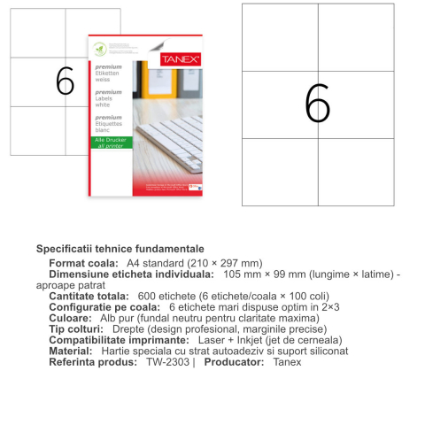 Set 600 etichete autoadezive A4, 100 coli, 6 etichete/coala, 105x99 mm, albe, colturi drepte, pentru imprimante laser si inkjet, Tanex TW-2303 [2]