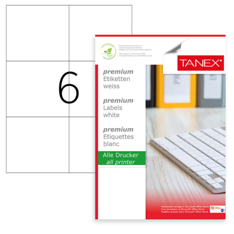 Etichete - Set 600 etichete autoadezive A4, 100 coli, 6 etichete/coala, 105x99 mm, albe, colturi drepte, pentru imprimante laser si inkjet, Tanex TW-2303