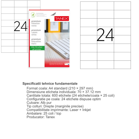 Set 600 etichete autoadezive A4, 25 coli, 24 etichete/coala, 70x37.12 mm, albe, colturi drepte, pentru imprimante laser si inkjet, Tanex [2]