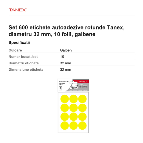 Set 600 etichete autoadezive rotunde Tanex, diametru 32 mm, 10 seturi, galbene [2]