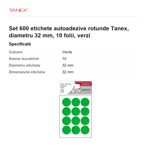 Set 600 etichete autoadezive rotunde Tanex, diametru 32 mm, 10 seturi, verzi [2]