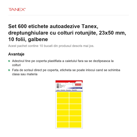 Set 600 etichete autoadezive Tanex, dreptunghiulare cu colturi rotunjite, 23x50 mm, 10 seturi, galbene [1]