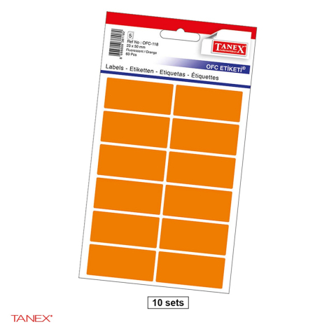 Etichete autoadezive - Set 600 etichete autoadezive Tanex, dreptunghiulare cu colturi rotunjite, 23x50 mm, 10 seturi, portocalii