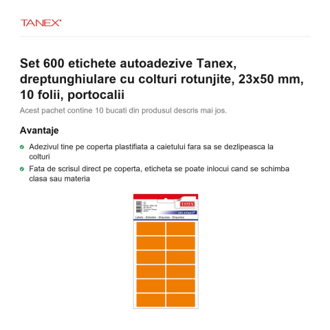 Set 600 etichete autoadezive Tanex, dreptunghiulare cu colturi rotunjite, 23x50 mm, 10 seturi, portocalii [1]