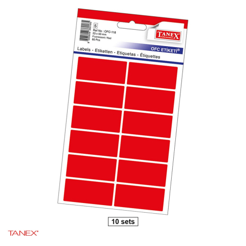 Etichete autoadezive - Set 600 etichete autoadezive Tanex, dreptunghiulare cu colturi rotunjite, 23x50 mm, 10 seturi, rosii