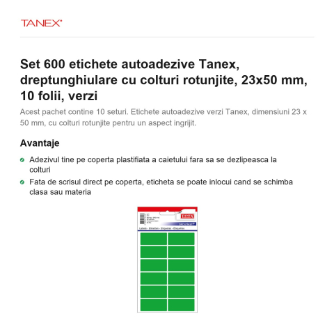 Set 600 etichete autoadezive Tanex, dreptunghiulare cu colturi rotunjite, 23x50 mm, 10 seturi, verzi [1]
