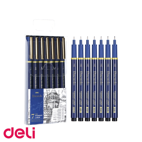 Instrumente de scris - Set 7 linere grafice Deli, varfuri 0.2-0.5mm, cerneala neagra rezistenta la apa, pentru desen tehnic si ilustratie