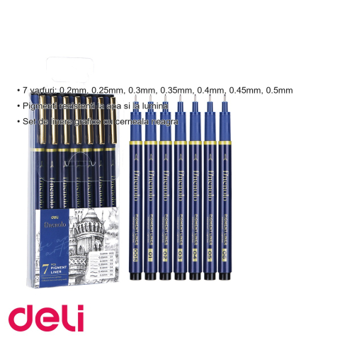 Set 7 linere grafice Deli, varfuri 0.2-0.5mm, cerneala neagra rezistenta la apa, pentru desen tehnic si ilustratie [2]