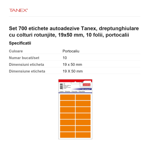 Set 700 etichete autoadezive Tanex, dreptunghiulare cu colturi rotunjite, 19x50 mm, 10 seturi, portocalii [2]