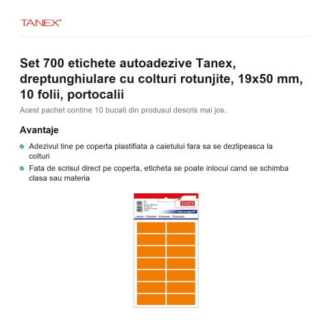 Set 700 etichete autoadezive Tanex, dreptunghiulare cu colturi rotunjite, 19x50 mm, 10 seturi, portocalii [1]
