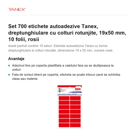 Set 700 etichete autoadezive Tanex, dreptunghiulare cu colturi rotunjite, 19x50 mm, 10 seturi, rosii [1]