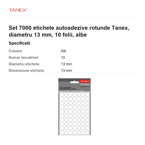 Set 7000 etichete autoadezive rotunde Tanex, diametru 13 mm, 10 seturi, albe [2]