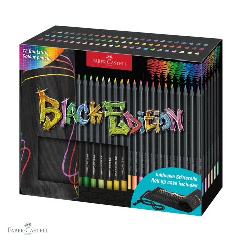Produse EmagMarketplace - Set 72 creioane colorate Faber-Castell Black Edition, mina moale, ambalaj roll-up, pentru artisti si elevi