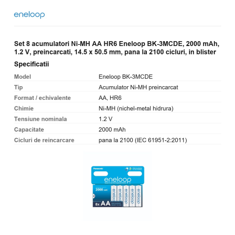 Set 8 acumulatori Ni-MH AA HR6 Eneloop BK-3MCDE, 2000 mAh, 1.2 V, preincarcati, 14.5 x 50.5 mm, pana la 2100 cicluri, in blister [2]