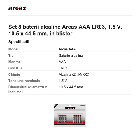 Set 8 baterii alcaline Arcas AAA LR03, 1.5 V, 10.5 x 44.5 mm, in blister [2]
