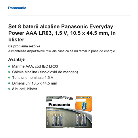 Set 8 baterii alcaline Panasonic Everyday Power AAA LR03, 1.5 V, 10.5 x 44.5 mm, in blister [1]