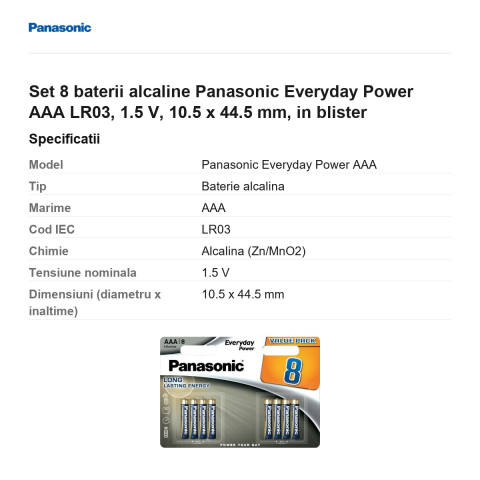 Set 8 baterii alcaline Panasonic Everyday Power AAA LR03, 1.5 V, 10.5 x 44.5 mm, in blister [2]