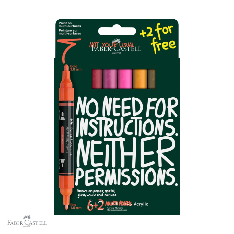 Markere si instrumente de desen artistic - Set 8 markere acrilice Faber-Castell Multimark, tonuri calde, varf dublu, pentru arte si mestesuguri