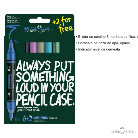 Set 8 markere acrilice Faber-Castell Multimark, tonuri reci, varf dublu, pentru suprafete multiple [2]