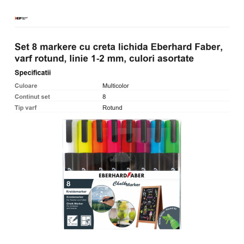 Set 8 markere cu creta lichida Eberhard Faber, varf rotund, linie 1-2 mm, culori asortate [2]