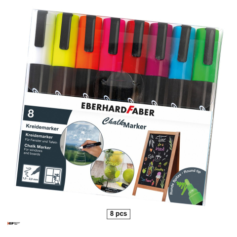 Articole divertisment - Set 8 markere cu creta lichida Eberhard Faber, varf rotund, linie 1-2 mm, culori asortate