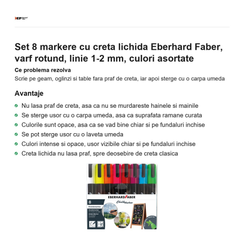 Set 8 markere cu creta lichida Eberhard Faber, varf rotund, linie 1-2 mm, culori asortate [1]