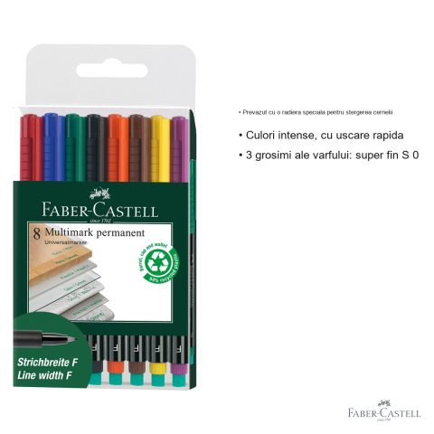 Set 8 markere permanente Faber-Castell Multimark, varf fin 0.6 mm, pentru CD, sticla si plastic [2]