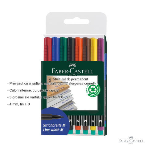Set 8 markere permanente Faber-Castell Multimark, varf mediu M 1.0 mm, pentru CD, sticla si metal [1]