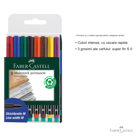 Set 8 markere permanente Faber-Castell Multimark, varf mediu M 1.0 mm, pentru CD, sticla si metal [2]