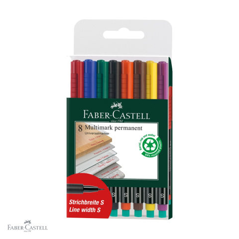 Birotica papetarie - Set 8 markere permanente Faber-Castell Multimark, varf super fin S 0.4 mm, pentru CD, sticla, metal si plastic