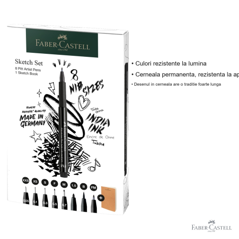 Set 8 markere Pitt Artist Pen Faber-Castell cu sketchbook, cerneala pigmentata india, pentru schite si ilustratii [2]