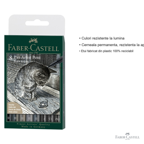 Set 8 markere Pitt Artist Pen Faber-Castell, negru si gri, varf pensula flexibila, pentru schite si ilustratii [2]