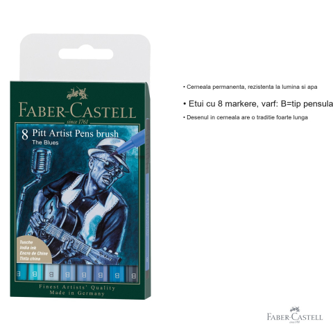 Set 8 markere Pitt Artist Pen Faber-Castell, varf pensula, nuante albastre, pentru desen si ilustratie [2]