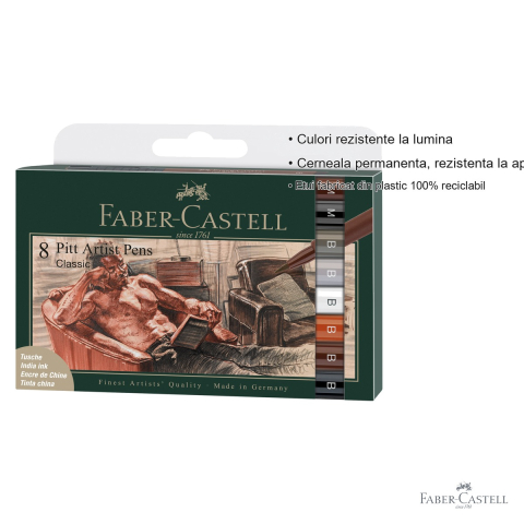 Set 8 markere tip pensula Pitt Artist Pen Faber-Castell, cerneala pigmentata india, 8 culori clasice pentru desen si ilustratie [2]