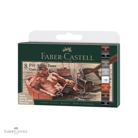 Markere si instrumente de desen artistic - Set 8 markere tip pensula Pitt Artist Pen Faber-Castell, cerneala pigmentata india, 8 culori clasice pentru desen si ilustratie