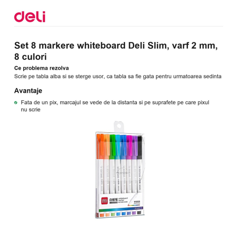 Set 8 markere whiteboard Deli Slim, varf 2 mm, 8 culori [1]