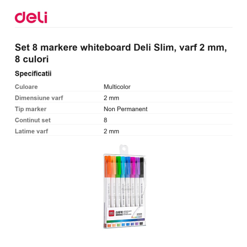 Set 8 markere whiteboard Deli Slim, varf 2 mm, 8 culori [2]