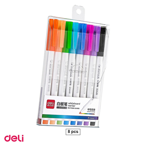 Marker pentru tabla de scris - Set 8 markere whiteboard Deli Slim, varf 2 mm, 8 culori