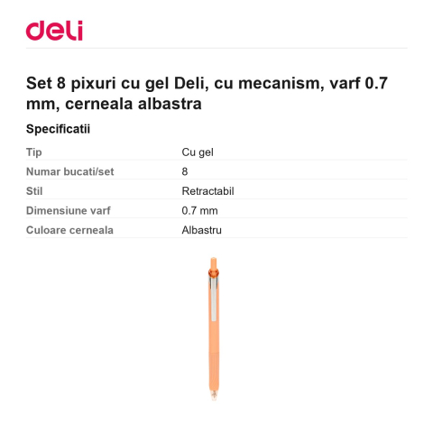 Set 8 pixuri cu gel Deli, cu mecanism, varf 0.7 mm, cerneala albastra [2]