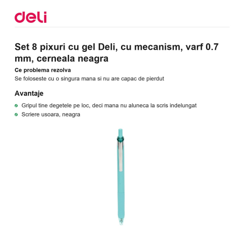 Set 8 pixuri cu gel Deli, cu mecanism, varf 0.7 mm, cerneala neagra [1]