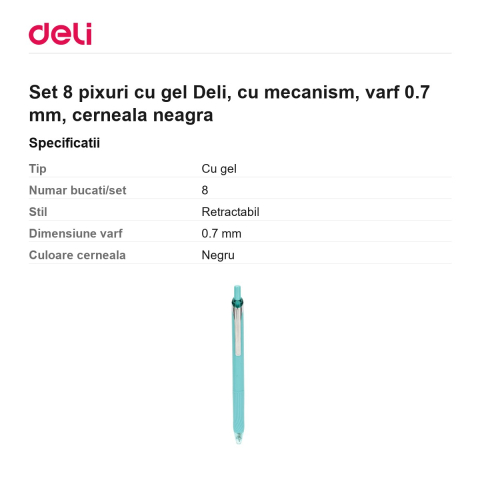 Set 8 pixuri cu gel Deli, cu mecanism, varf 0.7 mm, cerneala neagra [2]