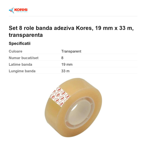 Set 8 role banda adeziva Kores, 19 mm x 33 m, transparenta [2]