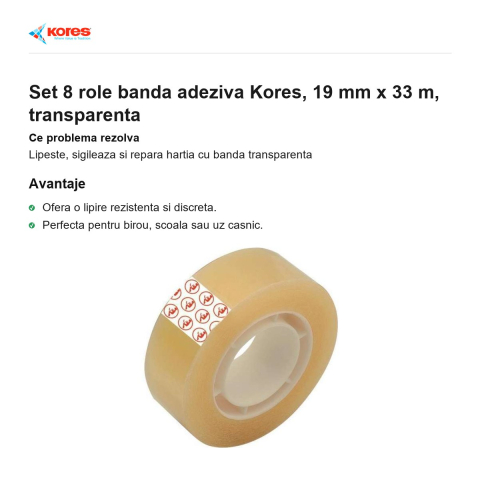 Set 8 role banda adeziva Kores, 19 mm x 33 m, transparenta [1]