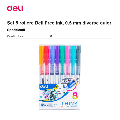 Set 8 rollere Deli Free Ink, 0.5 mm diverse culori [2]