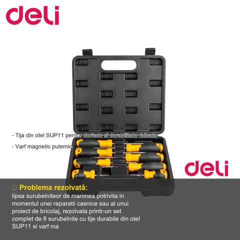 Set 8 surubelnite Deli, tije din otel SUP11 cu varf magnetic, marimi diverse pentru uz general [1]