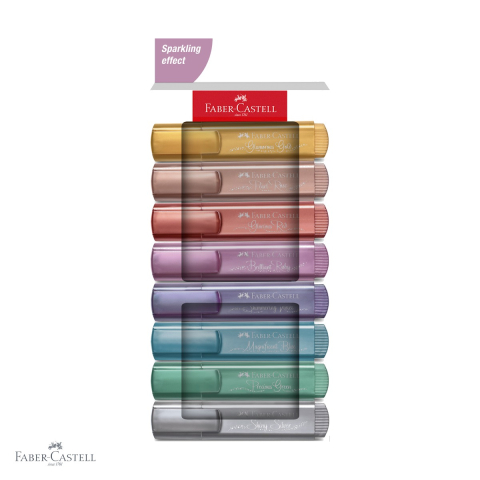 Birotica papetarie - Set 8 textmarkere metalizate Faber-Castell, varf tesit, cerneala pe baza de apa, pentru scriere si decor